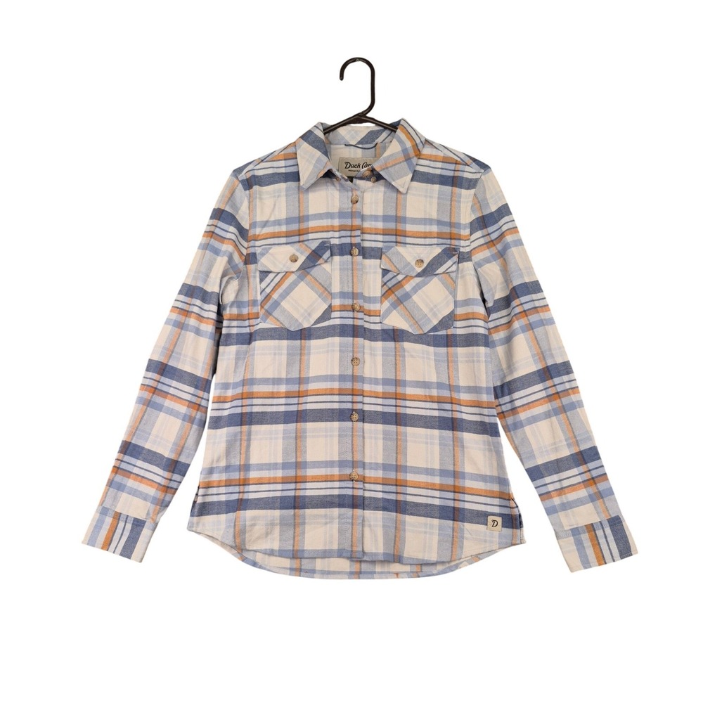 Duck Camp Womens Small Blue Orange Plaid Flannel Button Down Shirt Outdoor Top